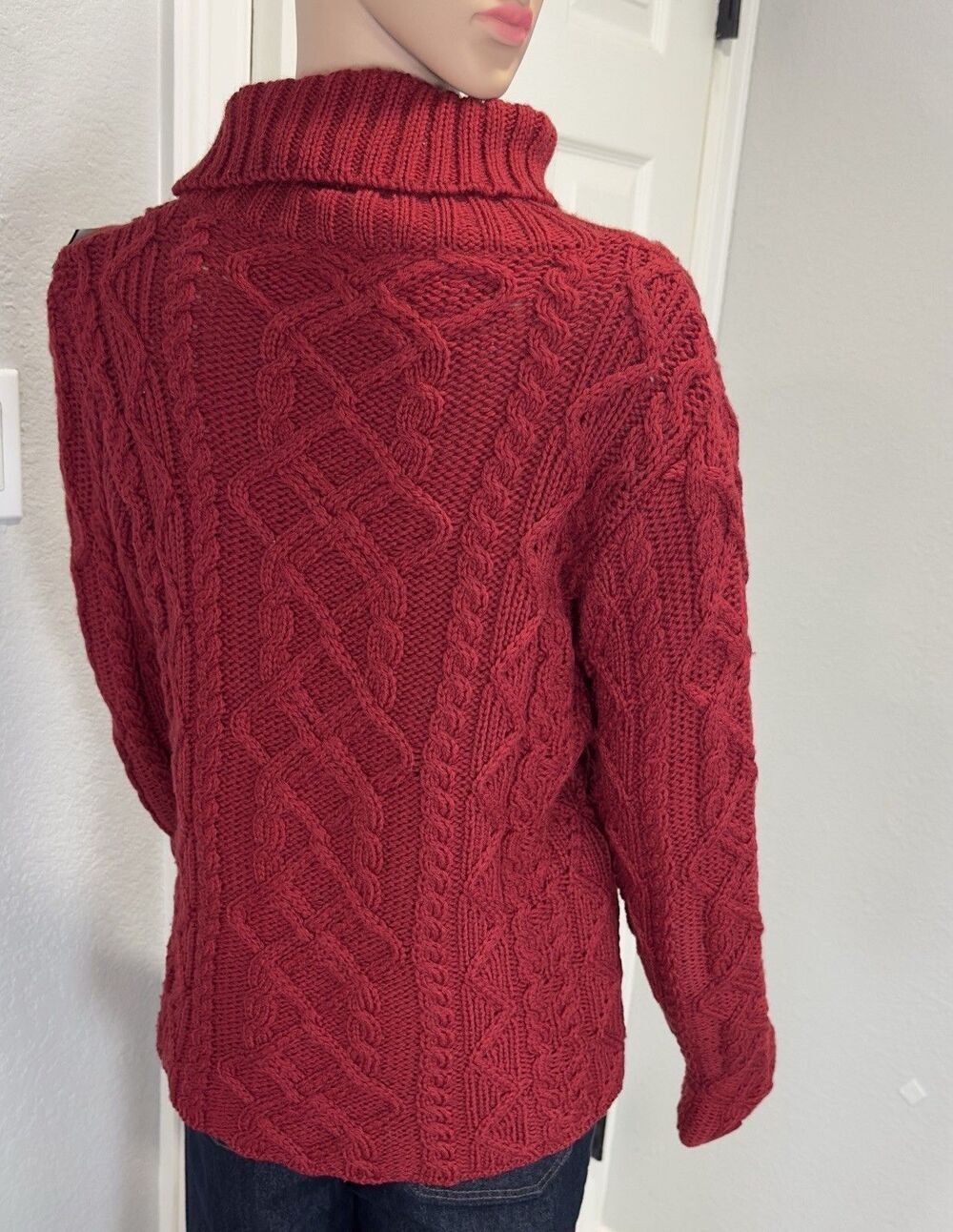 Paul James England 100% Wool Aran Cable Knit Fisherman Turtleneck Sweater S Red - Picture 3 of 10